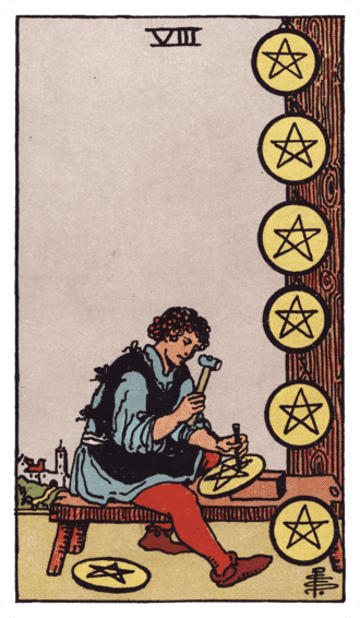 펜타클 8(Eight of Pentacles) 타로카드 이미지